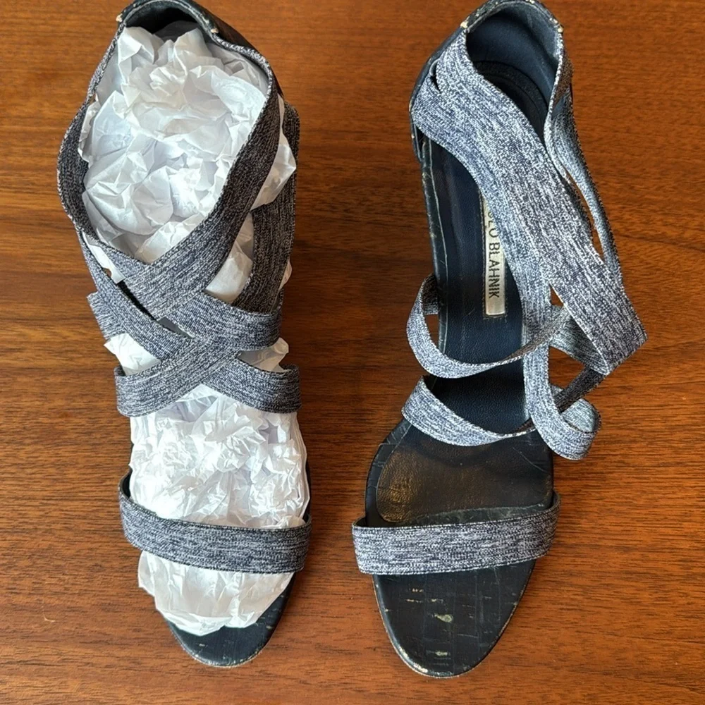 Manolo Blahnik “Glassa” Crisscross Denim Wedge Sandals in Blue, Size 10